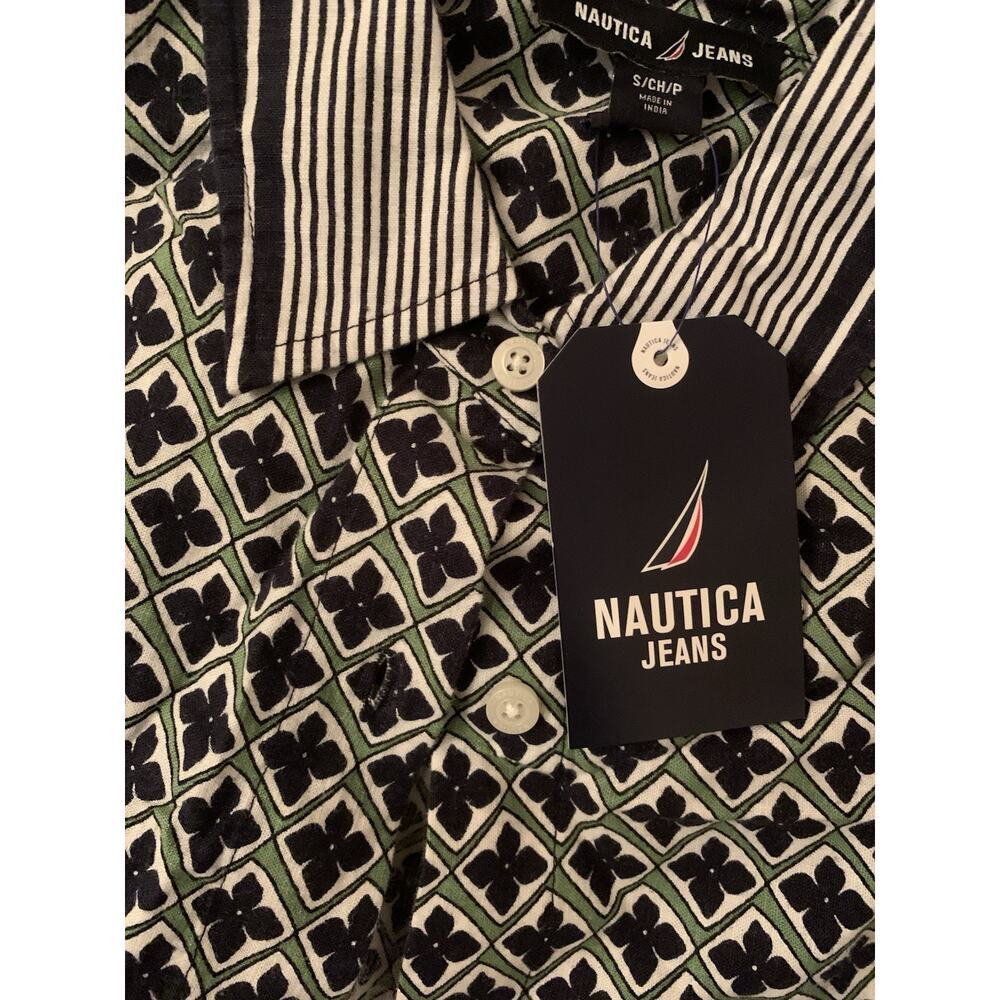 Nautica Jeans Co. Womens Navy‎ Printed Linen Button-Down Top Shirt S Lime Color